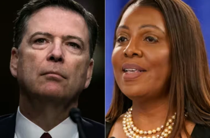 Combinaison de photos créée le 24 novembre 2025 montrant (à gauche) l'ancien directeur du FBI, le 8 juin 2017 au Capitole, à Washington, et (à droite) la procureure générale de l'Etat de New York, Letitia James, à New York le 16 février 2024 ( AFP / Brendan Smialowski )