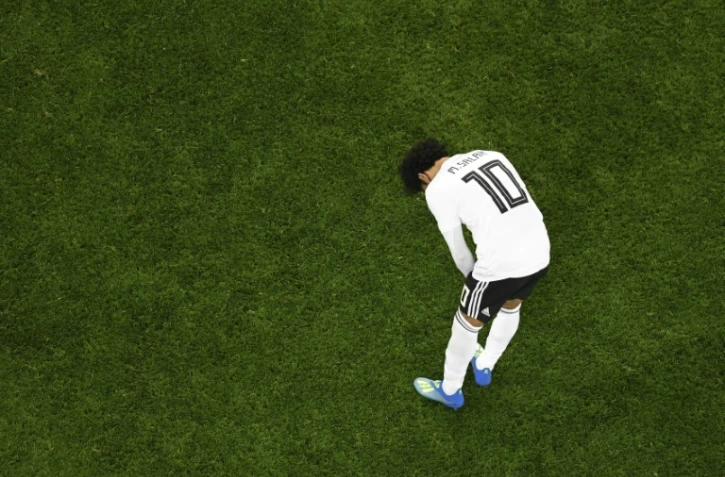La déception de l'attaquant vedette égyptien Mohamed Salah après la défaite face à la Russie, le 19 juin 2018 à Saint-Pétersbourg