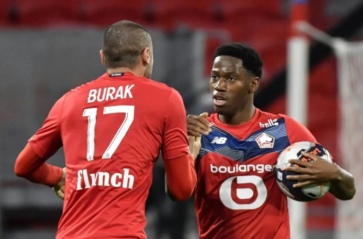 Jonathan David et Burak Yilmaz lors du match de Ligue 1 contre Lyon, le 25 avril 2021
