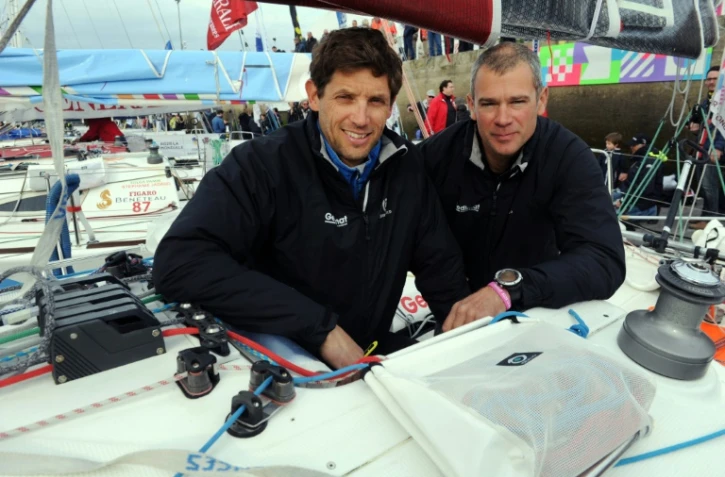 Les skippers Erwan Tabarly et Thierry Chabagny, le 3 avril 2016 à Concarneau