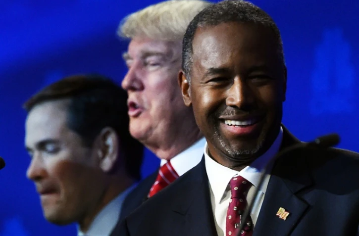 Marco Rubio, Donald Trump et Ben Carson lors d'un débat TV entre les candidats à la primaire républicaine le 28 octobre 2015 à Boulder au Colorado 