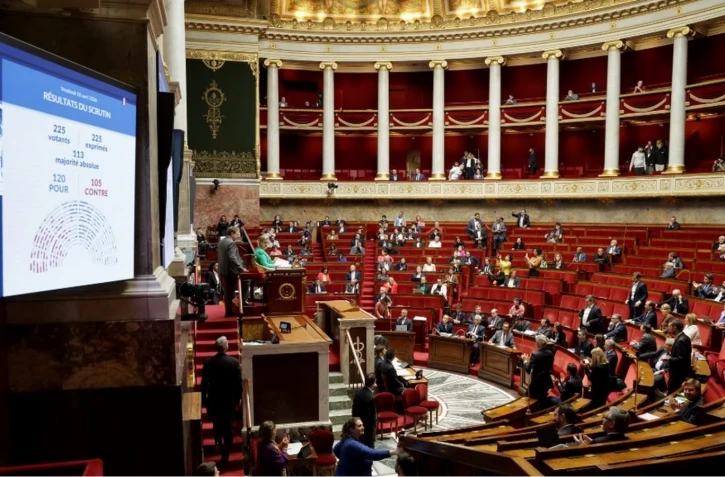 Une vue de l'Assemblée nationale après le vote de la motion de rejet, le 10 avril 2025 à Paris. (LUDOVIC MARIN / AFP)