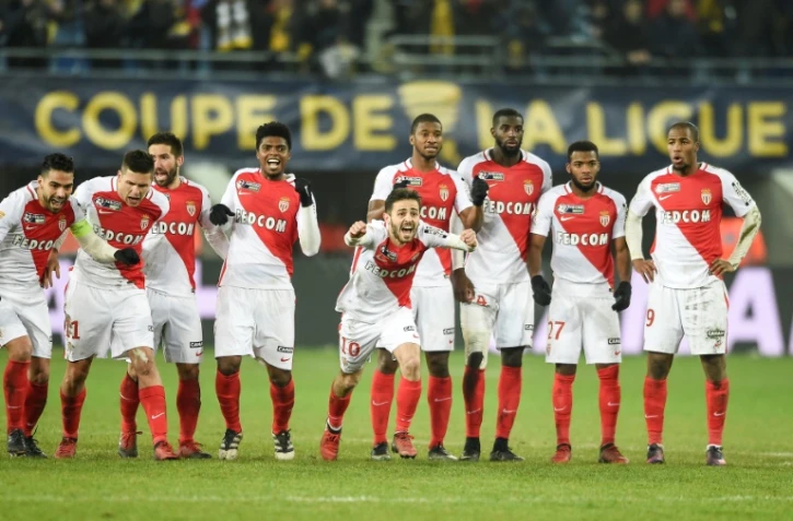 Les joueurs de Monaco exultent après leur qualification aux tirs au but en Coupe de la Ligue face à Sochaux, le 10 janvier 2017 au stade Bonal