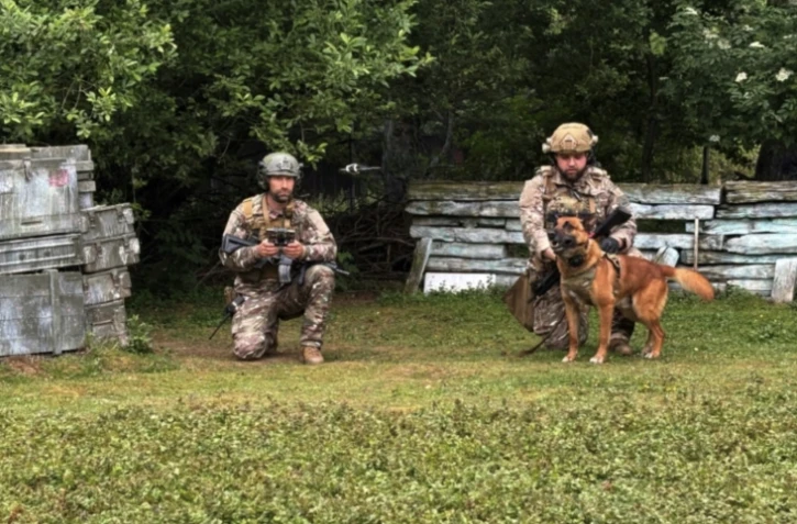 Des maîtres-chiens s’apprêtent à lancer un drone qui guidera Peyo, un berger belge malinois du Commando parachutiste de l’Air 20 (CPA20), à la recherche d’explosifs lors d’une démonstration sur la base aérienne de Vélizy-Villacoublay, le 28 mai 2025 dans les Yvelines ( AFP / Mathieu RABECHAULT )
