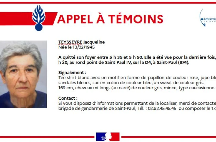 Saint-Paul : un appel à témoin lancé pour retrouver Jacqueline Teysseyre, 78 ans [?]