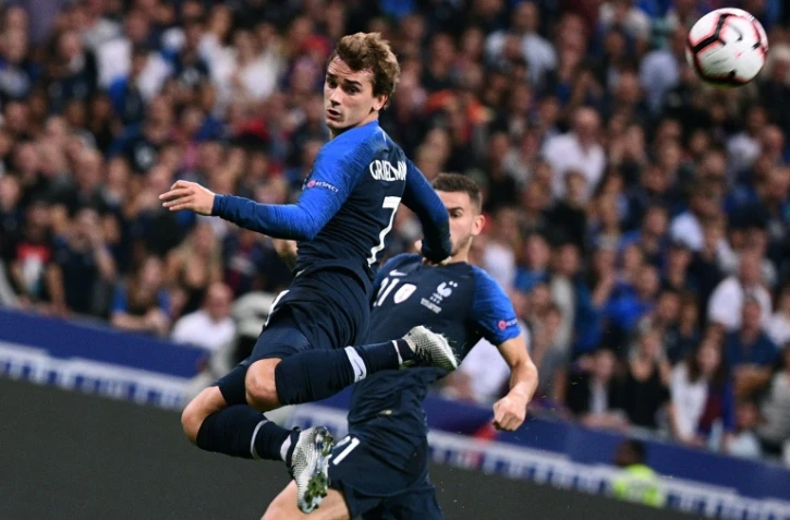 Antoine Griezmann marque de la tĂŞte Ă la 62e minute du match de Ligue des Nations face aux Allemands, au Stade de France, le 16 octobre 2018