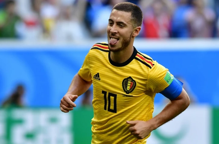 L'attaquant et capitaine de la Belgique Eden Hazard inscrit le second but de son équipe contre l'Angleterre dans le match pour la 3e place du Mondial, le 14 juillet 2018 à Saint-Pétersbourg