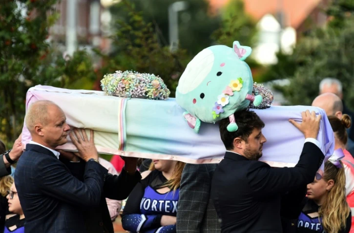 Les funérailles d'Elsie Dot Stancombe, petite fille de sept ans tuée lors de l'attaque au couteau de Southport, le 23 août 2024 à Birkdale, dans le nord-ouest de l'Angleterre