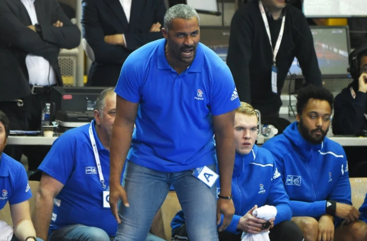 Le sélectionneur de l'équipe de France de handball Didier Dinart lors d'un match de qualification pour l'Euro-2020 contre le Portugal, le 14 avril 2019 à Strasbourg