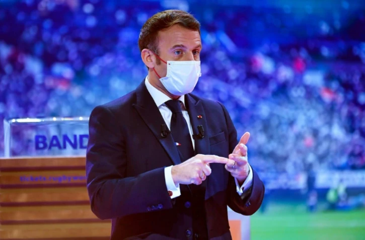 Le président français Emmanuel Macron lors du tirage au sort du Mondial de rugby 2023, le 14 décembre 2020 à Paris