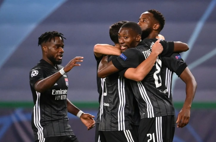 La joie des Lyonnais vainqueurs de Manchester City 3-1 en quart de finale de Ligue des champions, le 15 août 2020 à Lisbonne