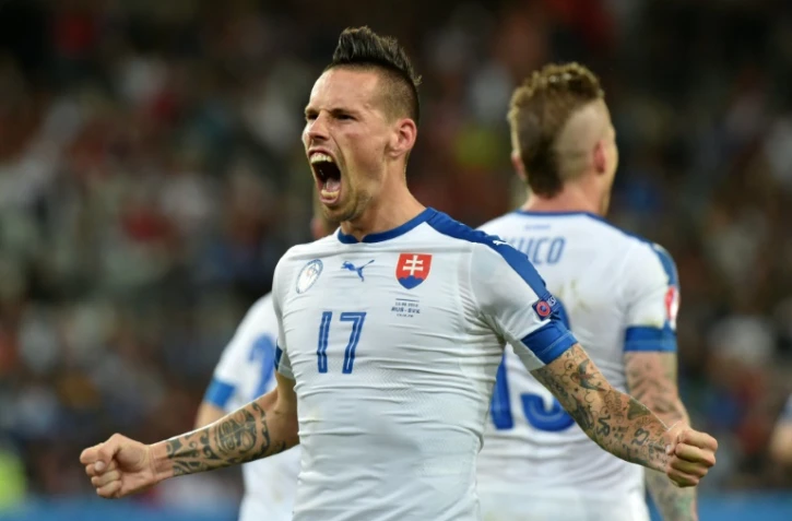 Le Slovaque Marek Hamsik exulte après son but contre la Russie à l'Euro, le 15 juin 2016 à Lille