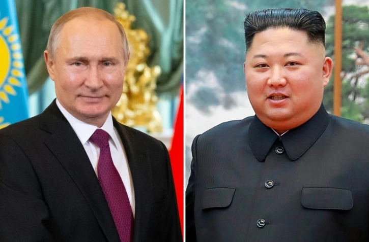 Montage photo de portraits du président russe Vladimir Poutine, le 3 avril 2019, et du leader nord-coréen Kim Jong Un, le 7 octobre 2018