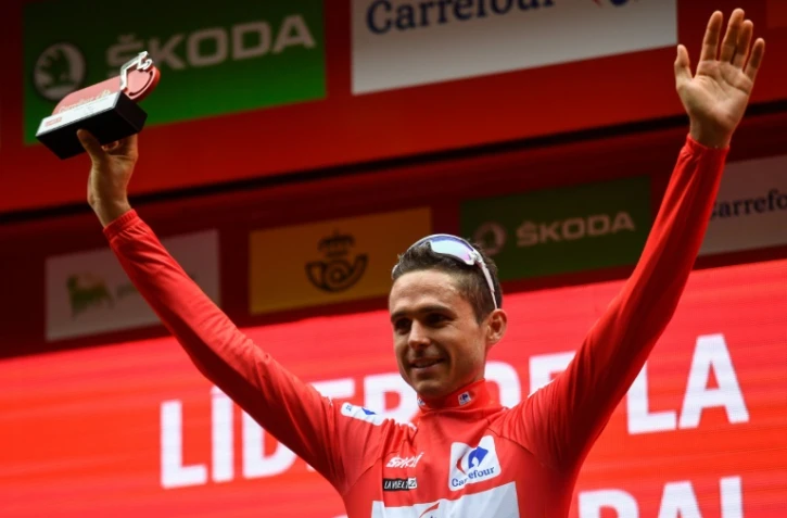Le coureur français de la Groupama-FDJ Rudy Molard après avoir pris le maillot rouge sur le Tour d'Espagne, à l'issue de la 5e étape d'Irun à Bilbao, le 24 août 2022. 