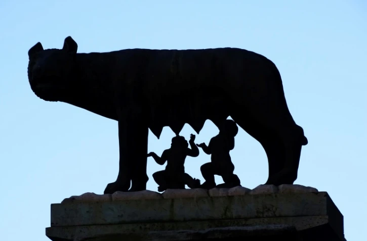 Silhouette de la louve du capitole (Lupa Capitolina), sculpture en bronze représentant une louve nourrissant les deux frères jumeaux, Romulus et Remus, située près du capitole, la mairie de Rome, le 7 février 2017
