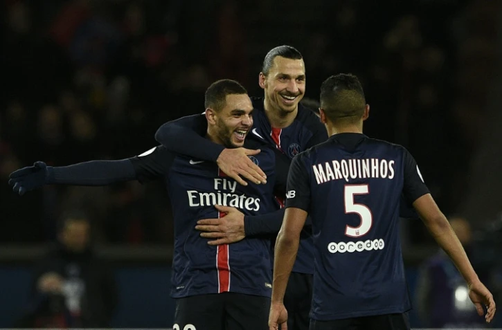 Layvin Kurzawa (c), Zlatan Ibrahimovic et Marquinhos (de dos), lors de la victoire du PSG face à Lorient, le 3 février 2016