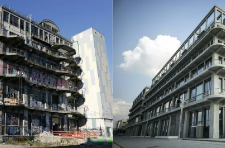 Vue des anciens Magasins généraux de Pantin, le 16 décembre 2013 (G) avant leur reconversion et le 20 octobre 2016 après l'installation de l'agence de publicité BETC