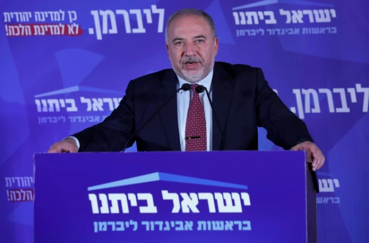 Avigdor Lieberman, chef de la formation nationaliste laïque Israël Beitenou, lors d'un discours au siège de son parti, à Jérusalem le 17 septembre 2019