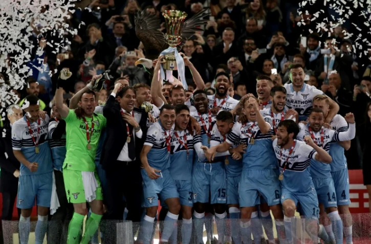 La joie des joueurs de la Lazio, vainqueurs de la Coupe d'Italie, face à l'Atalanta, le 15 mai 2019 à Rome