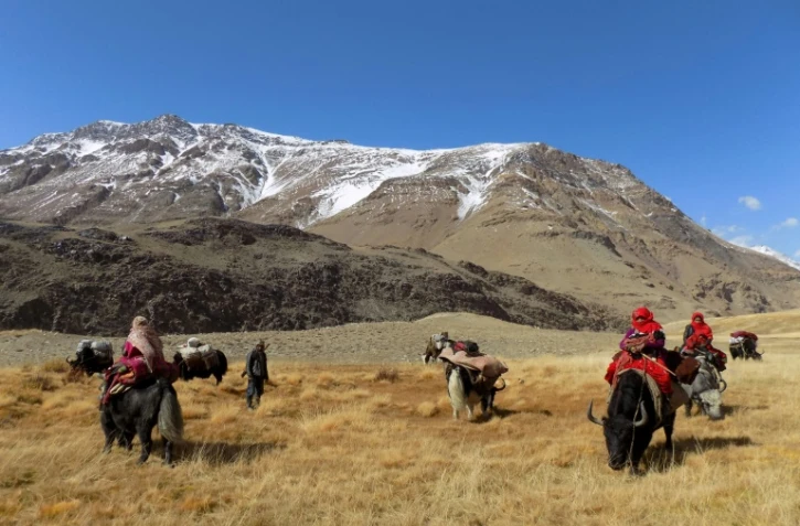 Des familles kirghizes se déplacent à dos de yaks, le 7 octobre 2017 dans le corridor de Wakhan, dans l'extrémité nord-est de l'Afghanistan