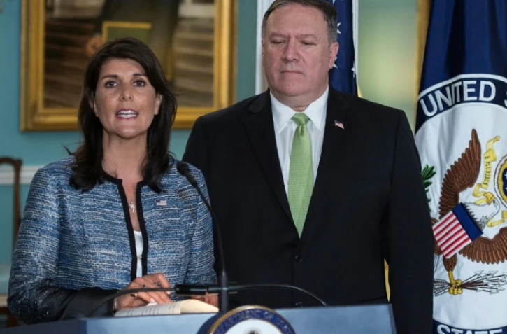 L'ambassadrice des Etats-Unis à l'ONU Nikki Haley et le secrétaire d'Etat américain Mike Pompeo à Washington le 19 juin 2018