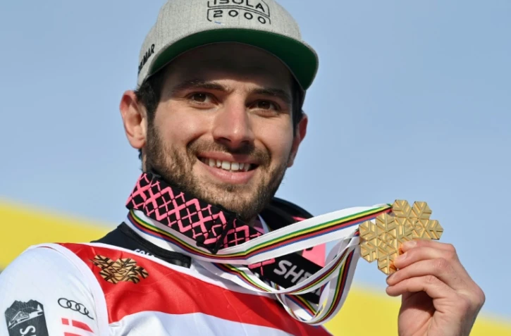 Mathieu Faivre champion du monde du géant, à Cortina d'Ampezzo en Italie, le 19 février 2021