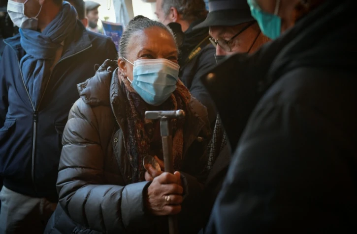 L'ancienne ministre Christiane Taubira le 18 décembre 2021 à Saint-Denis, près de Paris, où elle a effectué son premier déplacement depuis l'annonce de sa possible candidature à l'élection présidentielle