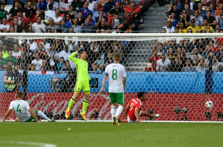 Le défenseur nord-irlandais Gareth McAuley (g) inscrit un but contre son camp face aux Pays de Galles à l'Euro au Parc des Princes, le 25 juin 2016