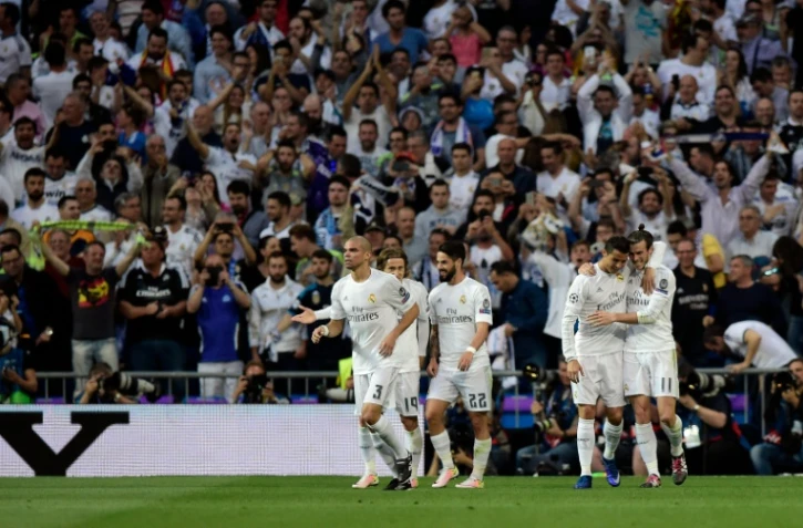 La joie des joueurs du Real Madrid, vainqueurs de Manchester City en demi-finale retour de la Ligue des champions, le 4 mai 2016 à Santiago-Bernabeu 