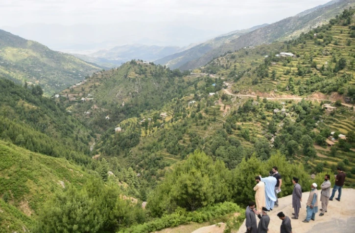 Des responsables forestiers regardent la progression des arbres plantés autour d'Heroshah, dans la vallée du Swat, le 17 mai 2018 au Pakistan