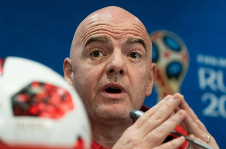 Le président de la Fifa Gianni Infantino en conférence de presse, le 13 juillet 2018 à Moscou