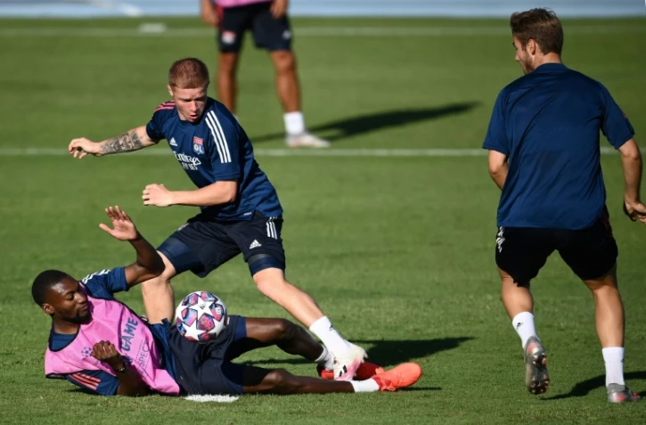 Les joueurs lyonnais préparent leur demi-finale contre le Bayern Munich lors d'une séance d'entraînement à Lisbonne, le 18 août 2020  