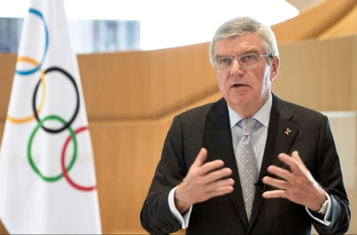 Le président du Comité international olympique donne une vidéoconférence depuis le siège de l'instance, le 25 mars 2020 à Lausanne