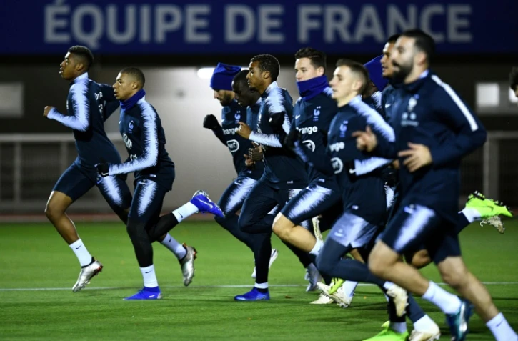 Les joueurs de l'équipe de France lors d'une séance d'entraînement au centre du football de Clairefontaine, le 13 novembre 2018