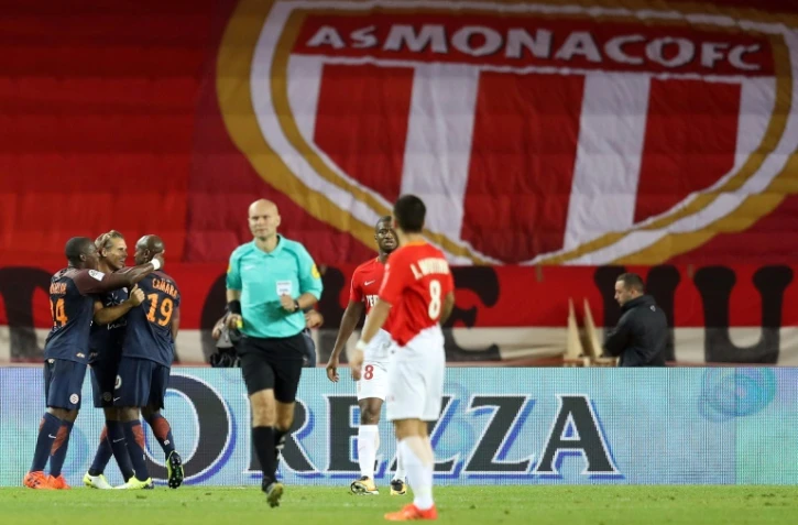 Souleymane Camara, congratulé par ses équipiers, a offert l'égalisation à Montpellier sur le terrain de Monaco, le 29 septembre 2017