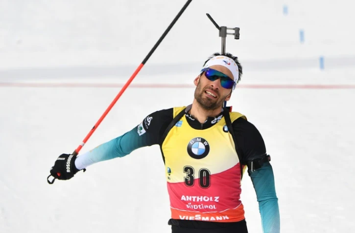 Le biathlète français Martin Fourcade après sa victoire dans l'individuel aux Mondiaux, le 19 février 2020 à Anterselva en Italie