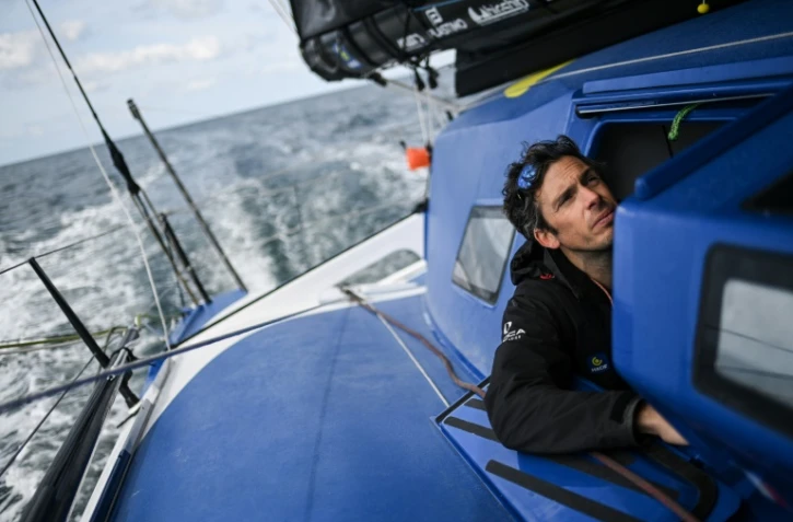 Le navigateur français Charlie Dalin à bord de son Imoca Macif, le 22 avril 2024 à Lorient (Morbihan)