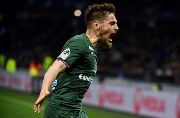 Le défenseur de Saint-Etienne, Mathieu Debuchy, vient de marquer face à Lyon au Parc OL, le 25 février 2018 en championnat de Ligue 1   