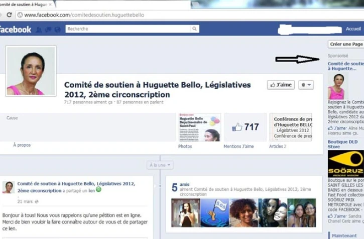Capture d'écran de la publicité faite par Huguette Bello sur Facebook
