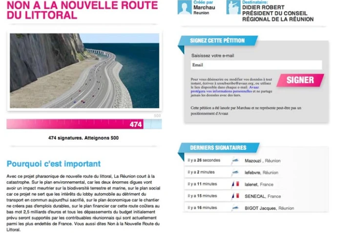 Capture d'écran de la pétition en ligne contre la nouvelle route du littoral