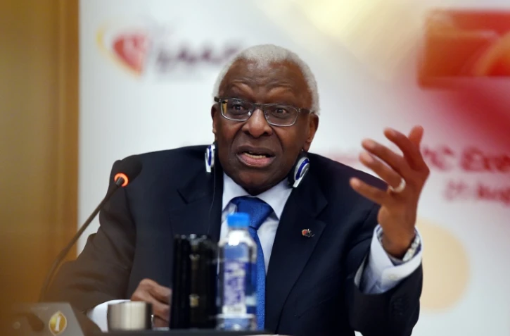 Le Sénégalais Lamine Diack, alors patron de l'IAAF, en conférence de presse, le 21 août 2015 à Pékin 