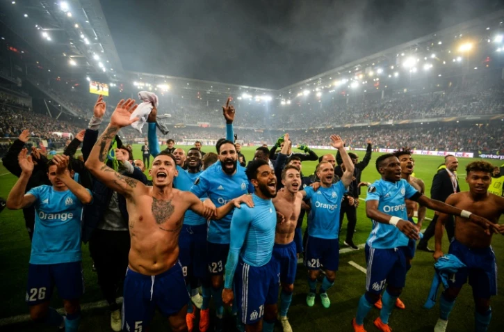 Les joueurs de l'OM fĂŞtent leur qualification pour la finale de l'Europa League, le 3 mai 2018 Ă Salzbourg