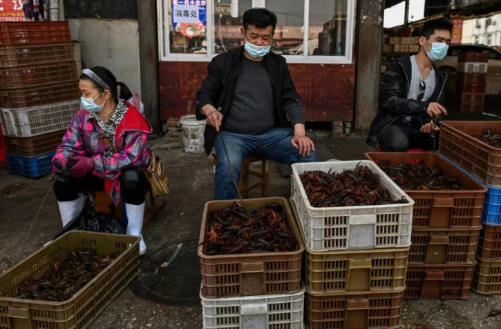 Des vendeurs de crevettes au marché Baishazhou de Wuhan, le 15 avril 2020 dans la province chinoise du Hubei