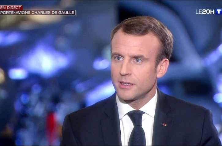 Photo de l'interview d'Emmanuel Macron à bord du Charles de Gaulle diffusée par TF1, le 14 novembre 2018 au large de Toulon