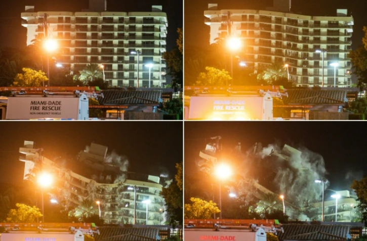 Explosion contrôlée de l'immeuble Champlain South tower, à Surfside près de Miami, le 4 juillet 2021