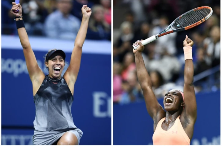Les Américaines Madison Keys (gauche) et Sloane Stephens célèbrent leur victoire le 7 septembre 2017 en demi-finale de l'US Open