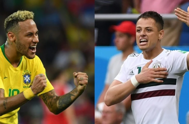 Neymar le Brésilien (g) et Javier "Chicharito" Hernandez le Mexicain dans un photomontage réalisé le 30 juin 2018 