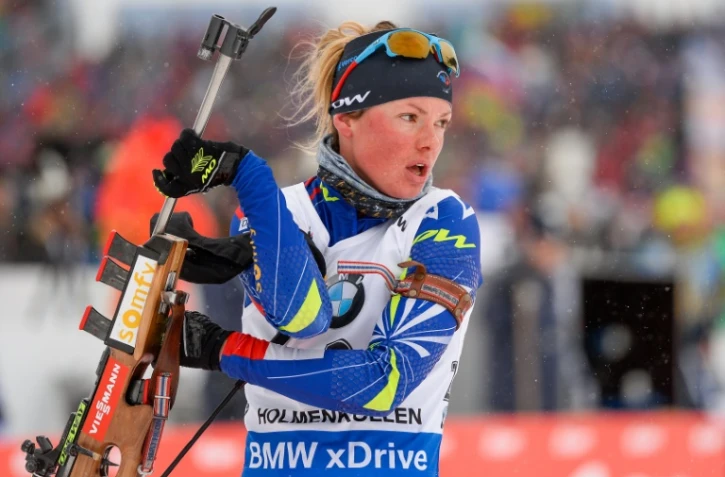 La Française Marie Dorin-Habert durant les Mondiaux de biathlon à Oslo, le 6 mars 2016