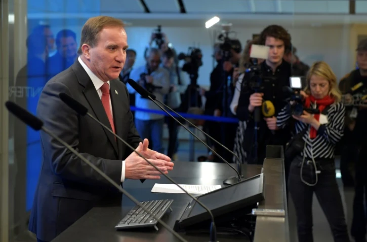 Le Premier ministre suédois Stefan Löfven lors d'une conférence de presse après sa reconduction, le 18 janvier 2019 à Stockholm