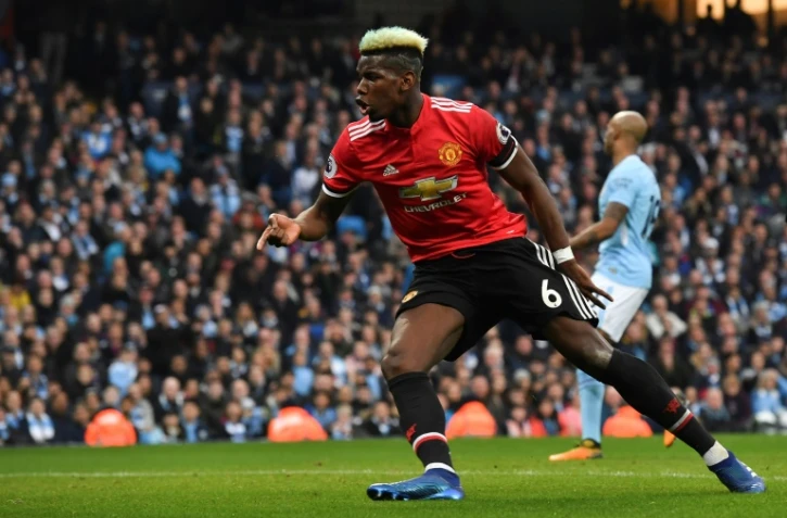 Le milieu de terrain de Manchester United Paul Pogba auteur d'un doublé face à Manchester City le 7 avril 2018